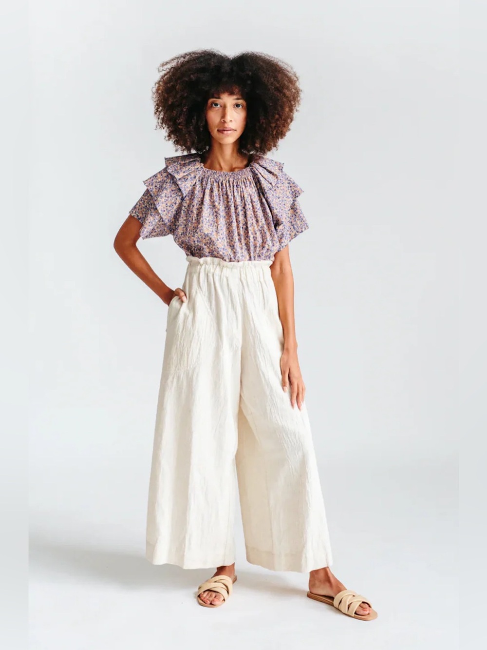MIRTH Cotton-Linen Blend Wide Leg Pants - Oatmeal Size Large